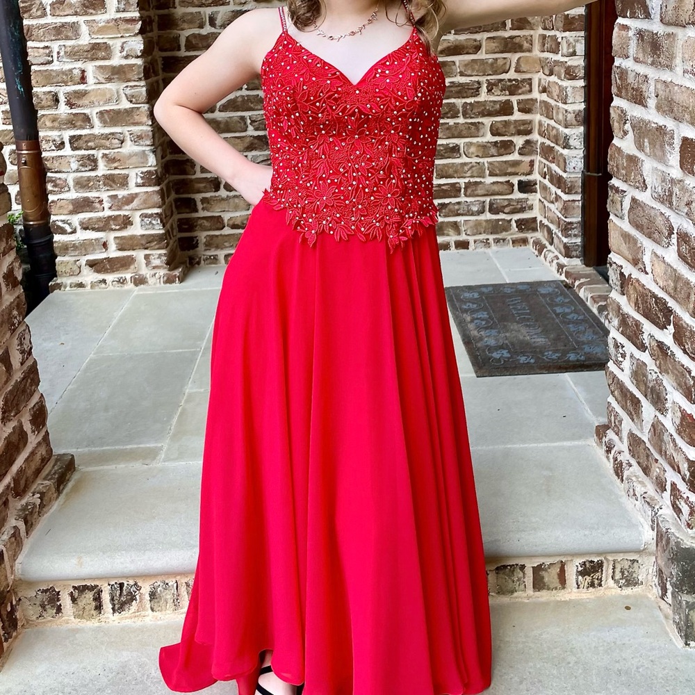 formal red flower sequence prom dress